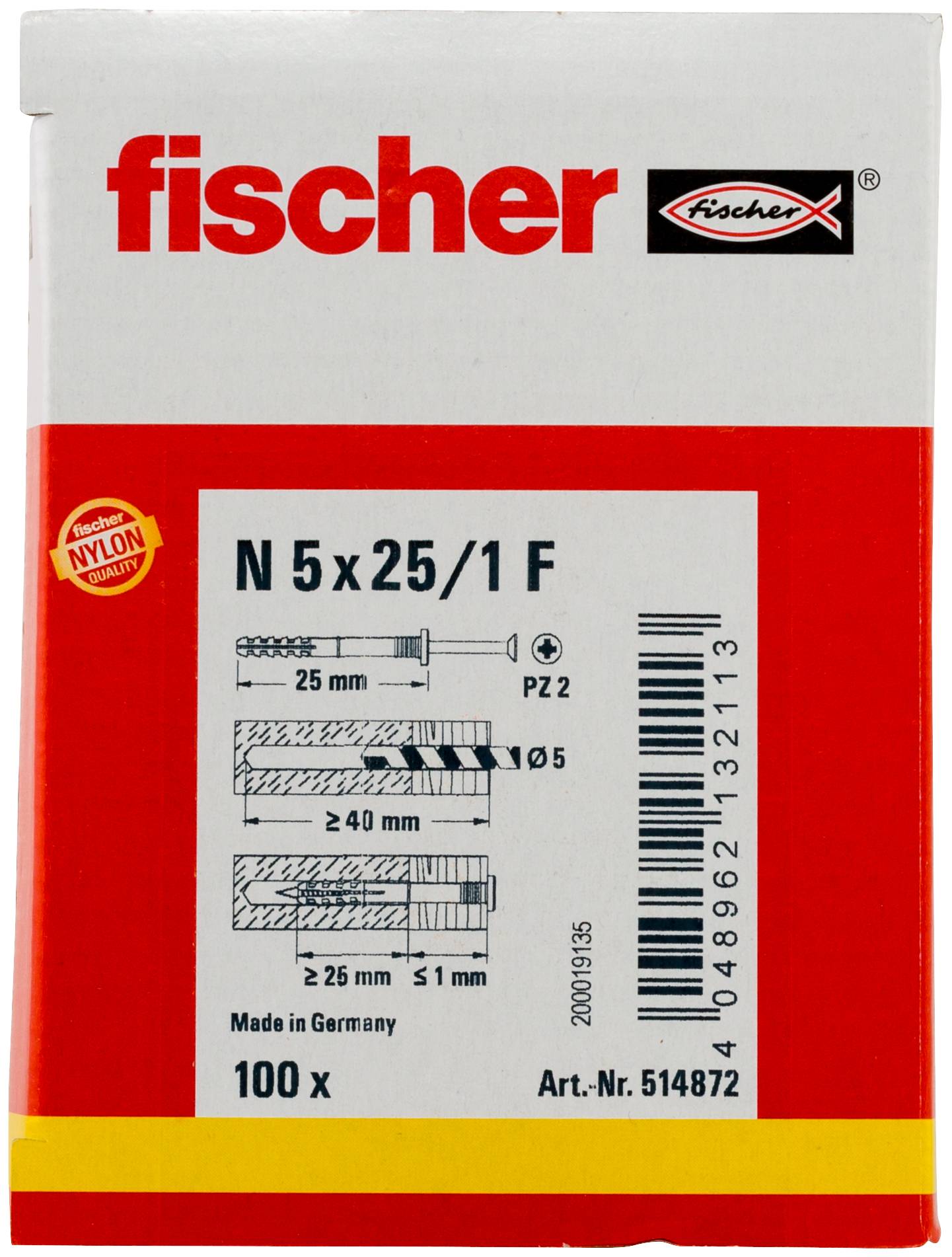 Fischer N5x25/1 F Nylonkennanker Box, 100 Stück, mit Installationsdiagramm und Produktnummer 514872.