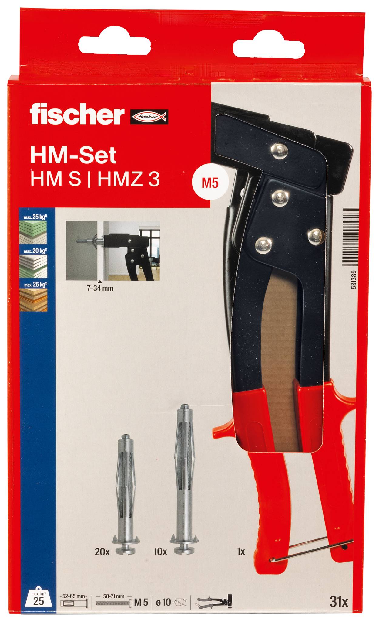 Packung fischer HM-Set HM S | HMZ 3 Wanddübel-Werkzeug mit schwarzroten Metall-Setzerzangen und M5-Dübeln abgebildet auf der Verpackung.