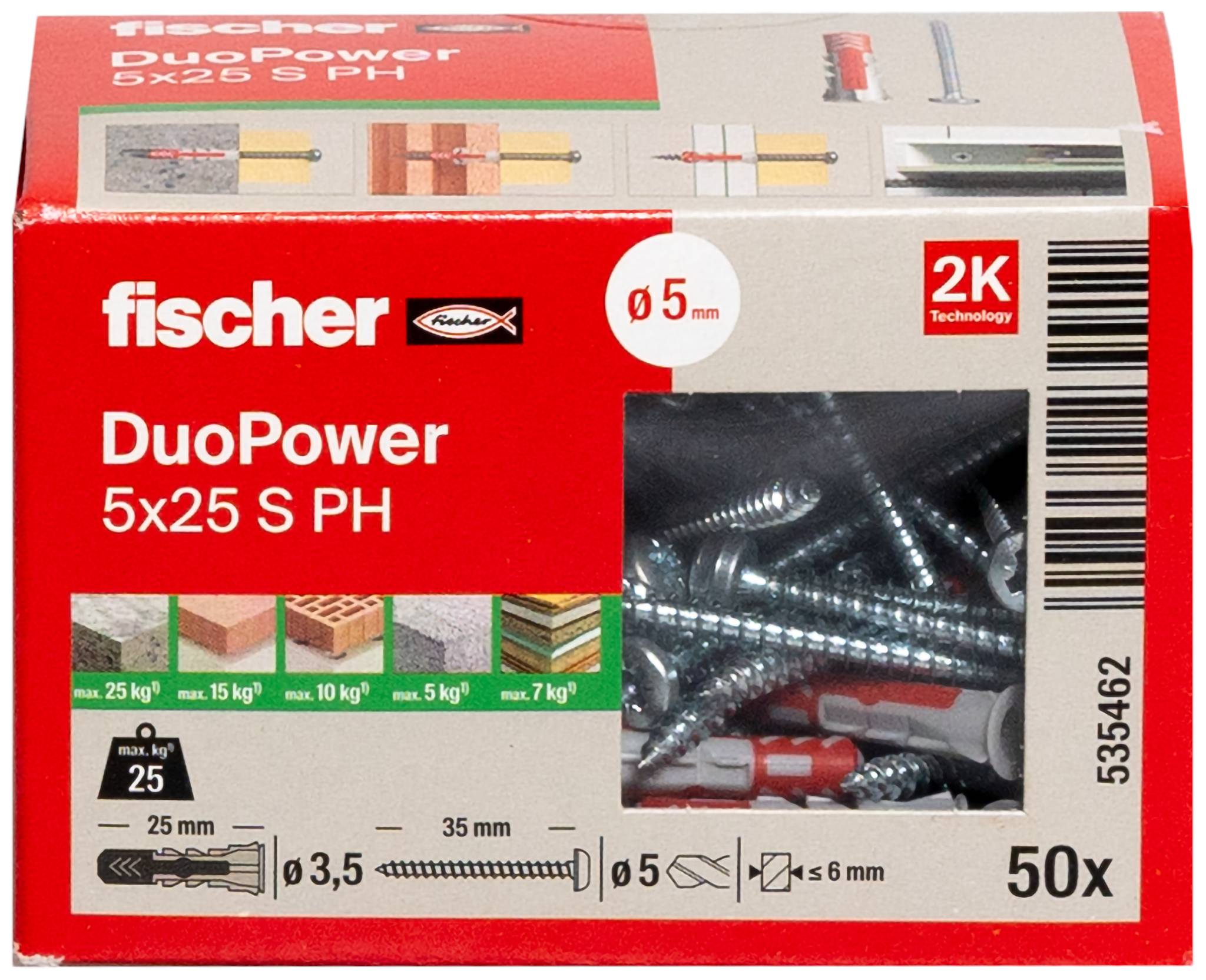 Packung fischer DuoPower 5x25 Schrauben und Dübel, 50er Pack, mit Produktbild und Größenangaben zum Bohren und Befestigen.