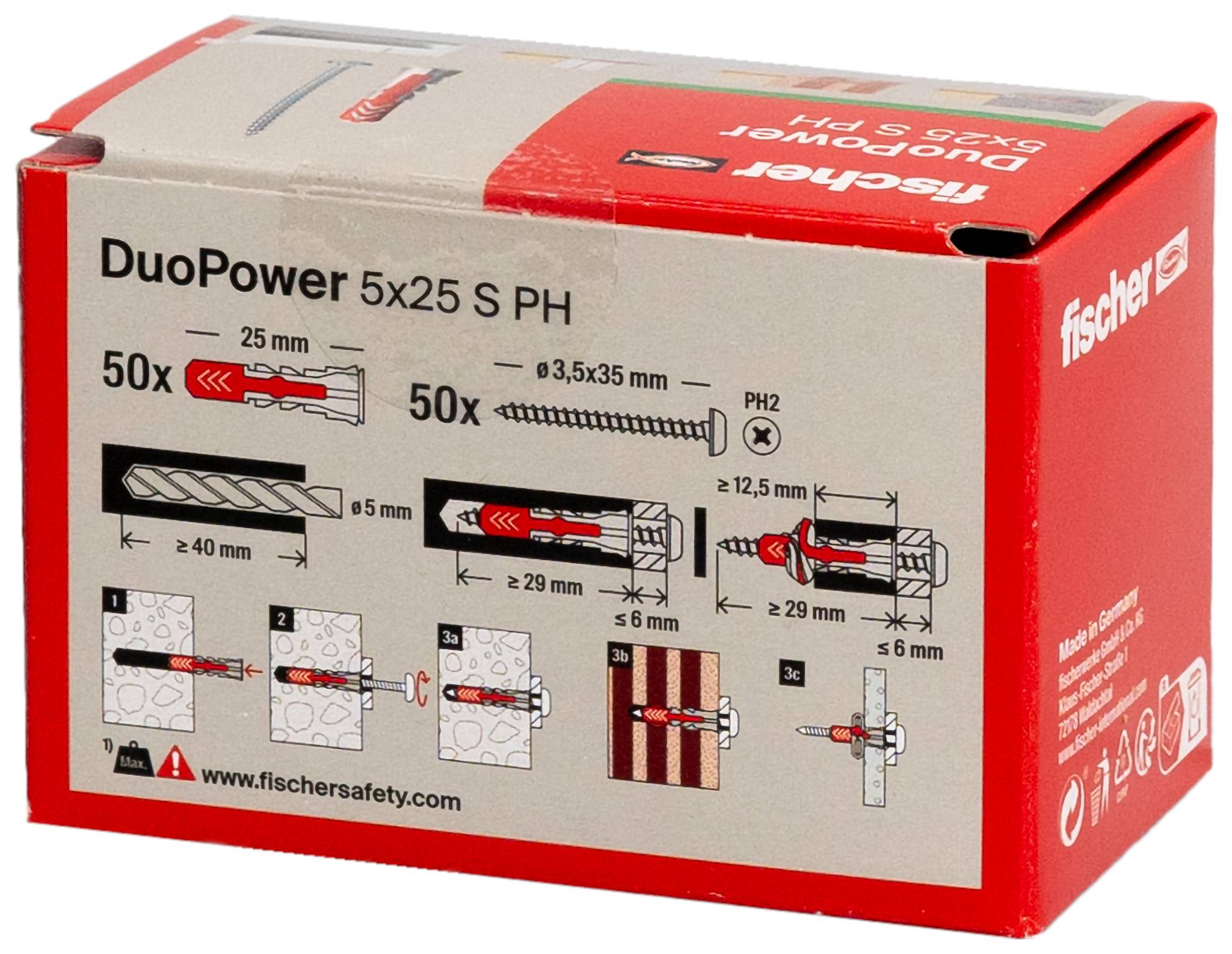 Karton mit Fischer DuoPower 5x25 SP Dübeln und Schrauben, zeigt Größen, Bohrloch-Abmessungen und Installationsdiagramme auf der Verpackung.