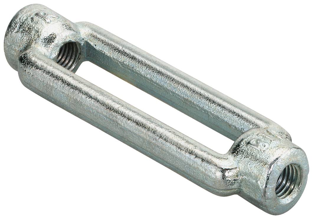 Ein Metallspannschloß mit Gewinde-Ösen an beiden Enden, das zum Einstellen der Spannung in Kabeln oder Seilen verwendet wird.