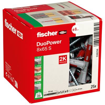 Red Fischer DuoPower 8x65 S Wanddübel-Set mit 25 Ankern und 8 mm Bohrergröße abgebildet, enthält Schrauben und graue Dübel.