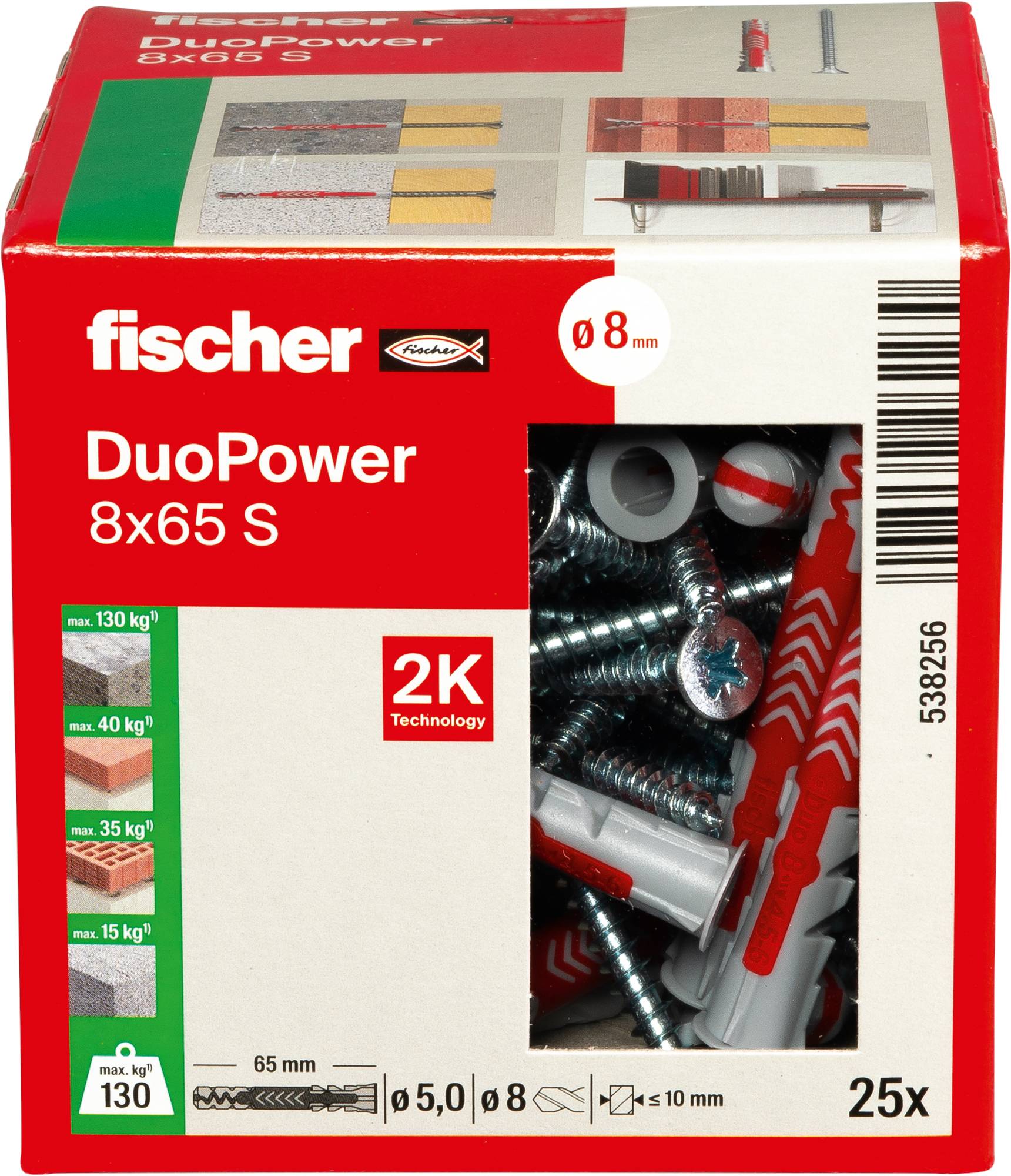 Karton mit Fischer DuoPower Wanddübeln und Schrauben, Größe 8x65 mm, '2K Technology', tragfähig bis 130 kg Gewicht, 25 Stück enthalten.