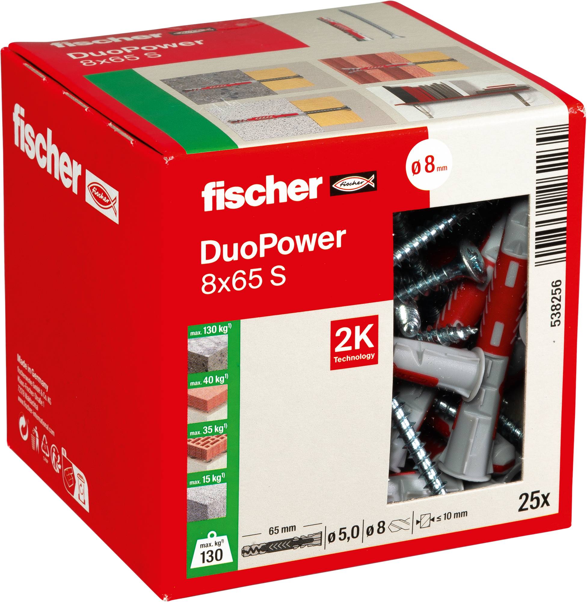 „Fischer DuoPower 8x65 S" Packung mit Schrauben und Dübeln, geeignet für verschiedene Wandtypen. Tragfähigkeit: max. 130 kg, mit 25 Stück.