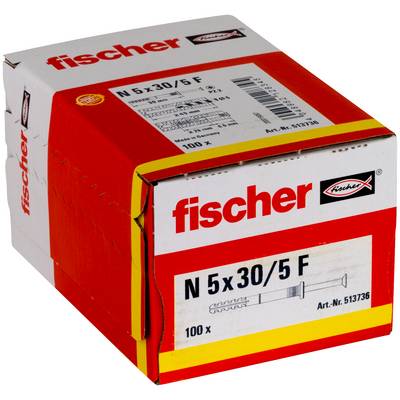 Rote Fischer-Schachtel mit fischer N 5x30/5 F Dübeln, 100er Pack, auf einfachem Hintergrund gezeigt.