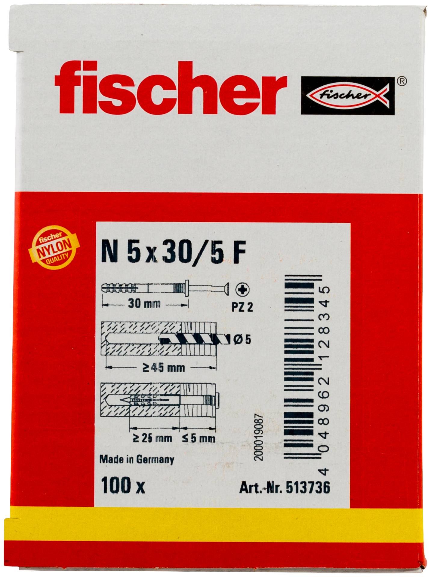 Fischer Befestigungspaket mit Bezeichnung „N 5 x 30/5 F", mit Bohr- und Ankergröße-Diagrammen, 100 Stück, hergestellt in Deutschland.