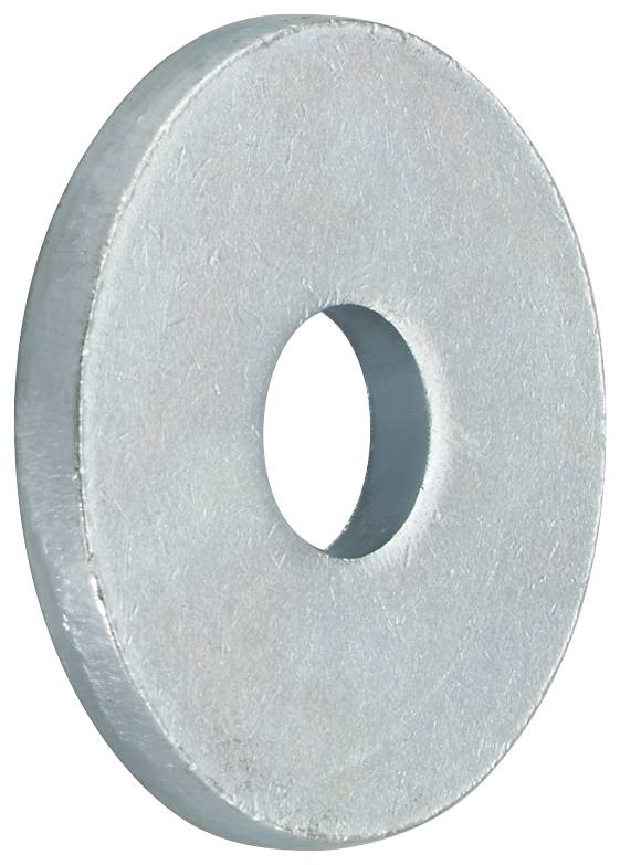 Eine metallische flache Unterlegscheibe mit einem zentralen Loch, dargestellt auf weißem Hintergrund.