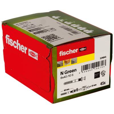 Eine Fischer N Green Box mit 45 Wanddübeln, mit der Bezeichnung 6x40/10 S und 6 x 40 mm, gezeigt auf weißem Hintergrund.
