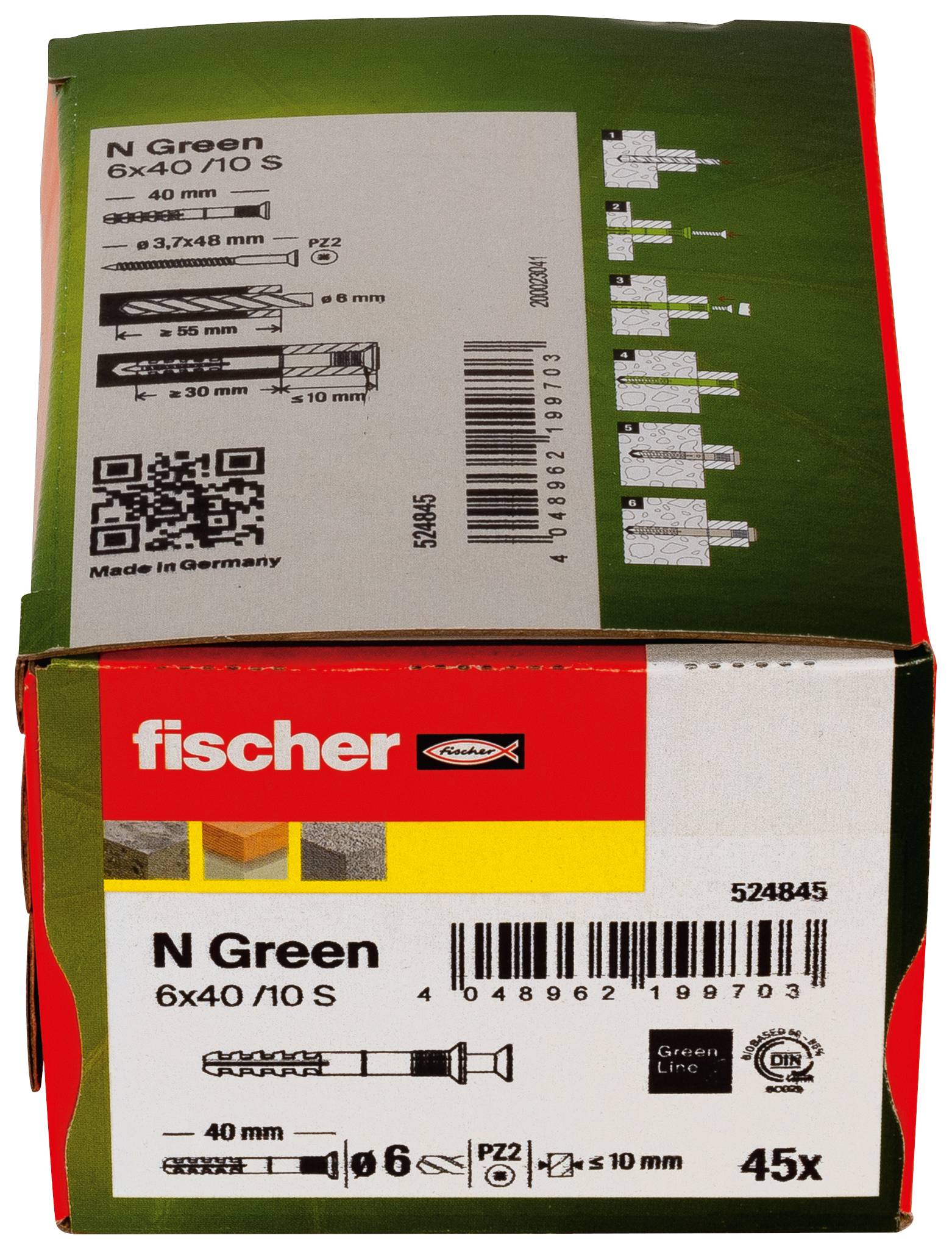 Eine Fischer N Green Schraubenbox mit Produktetiketten, Größe 6x40/10 S, Barcode, QR-Code und Menge 45x.