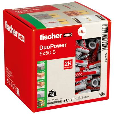 Rote Fischer DuoPower 6x50 S Wanddübel Box mit transparentem Fenster, das rot-graue Dübel zeigt, gekennzeichnet mit 50x und ø 6 mm.