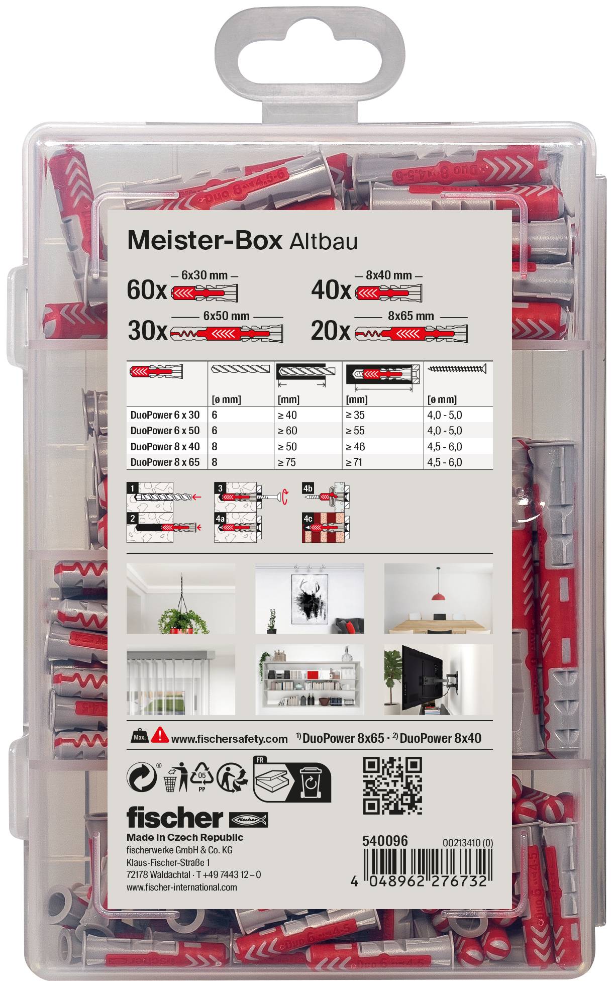 Produktverpackung von Fischer mit einer Meister-Box für Altbau; enthält 150 Dübel verschiedener Größen, geeignet für Lasten von 6 bis 45 kg.