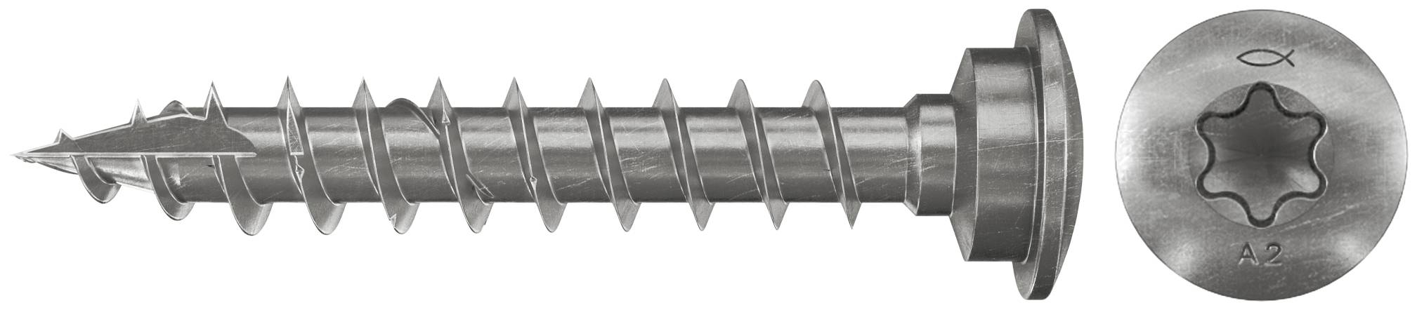 Metallschraube mit groben Gewinden und spitzer Spitze, Seitenansicht gezeigt; Einsatz zeigt Torx-Antriebskopf markiert A2.