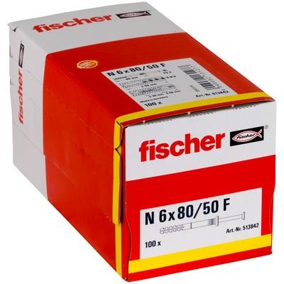 Rote und weiße Fischer-Box mit N 6x80/50 F Dübeln, beschriftet mit 100 Stück.