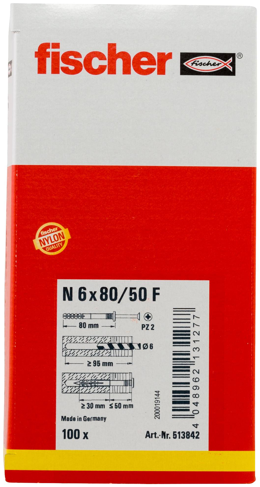 Fischer-Packung mit Kunststoff-Dübeln, beschriftet N 6 x 80/50 F, 100 Stück, hergestellt in Deutschland.