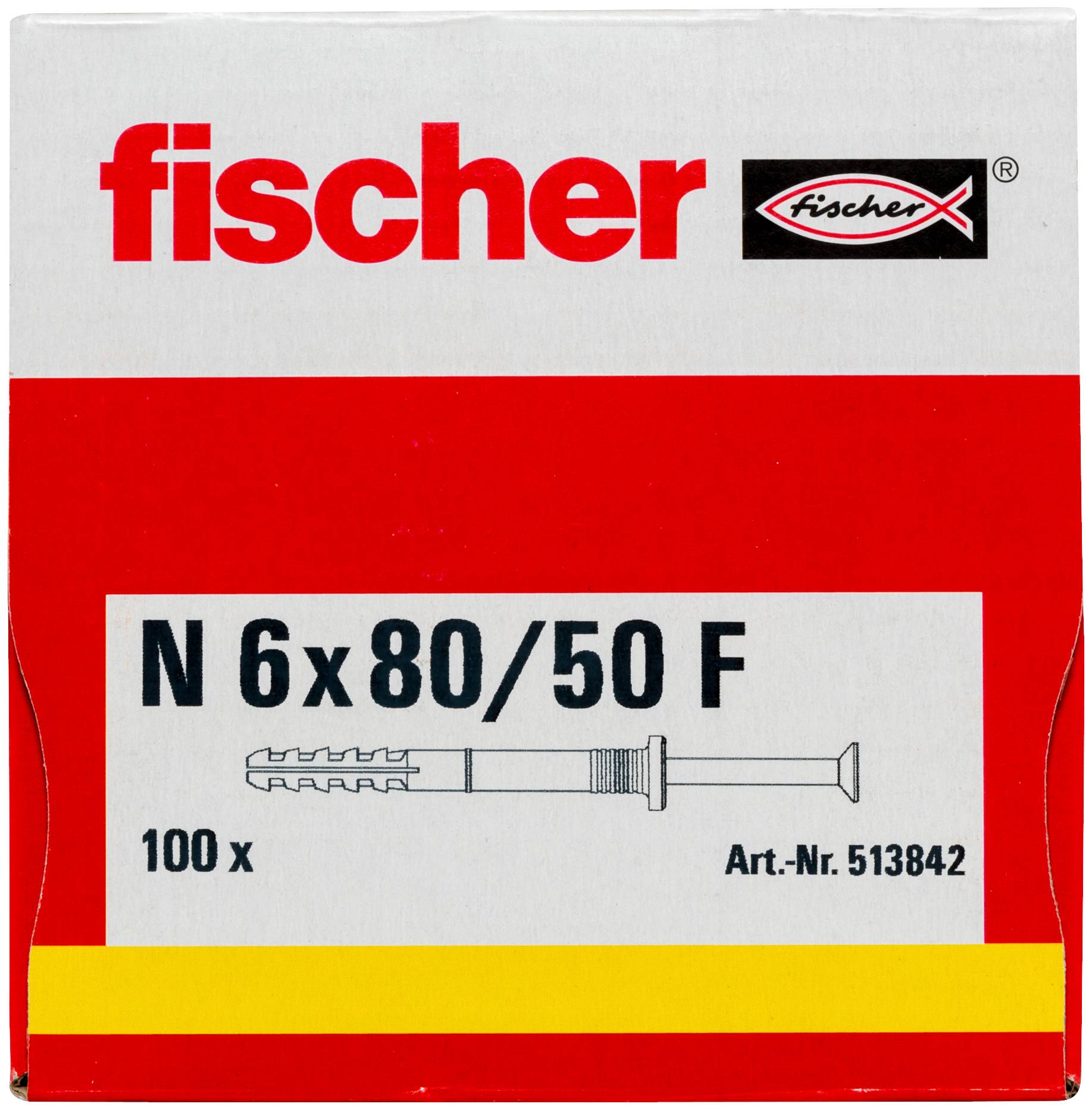 Fischer N 6x80/50 F Karton mit Dübeln, mit Etikett 100 x, Art.-Nr. 513842.
