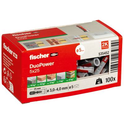 Schachtel mit Fischer DuoPower 5x25 Wanddübeln, 100 Stück, mit Produktfenster, das graue und rote Dübel sowie gedruckte Belastungs- und Bohrlochdurchmesser-Details zeigt.