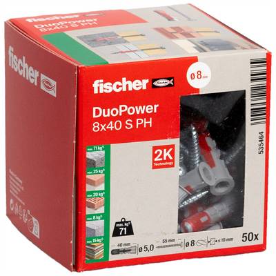 Karton fischer DuoPower 8x40 S PH Dübel, zeigt 50er-Pack, 2K-Technologie und im transparenten Fenster enthaltene Schraubanker.