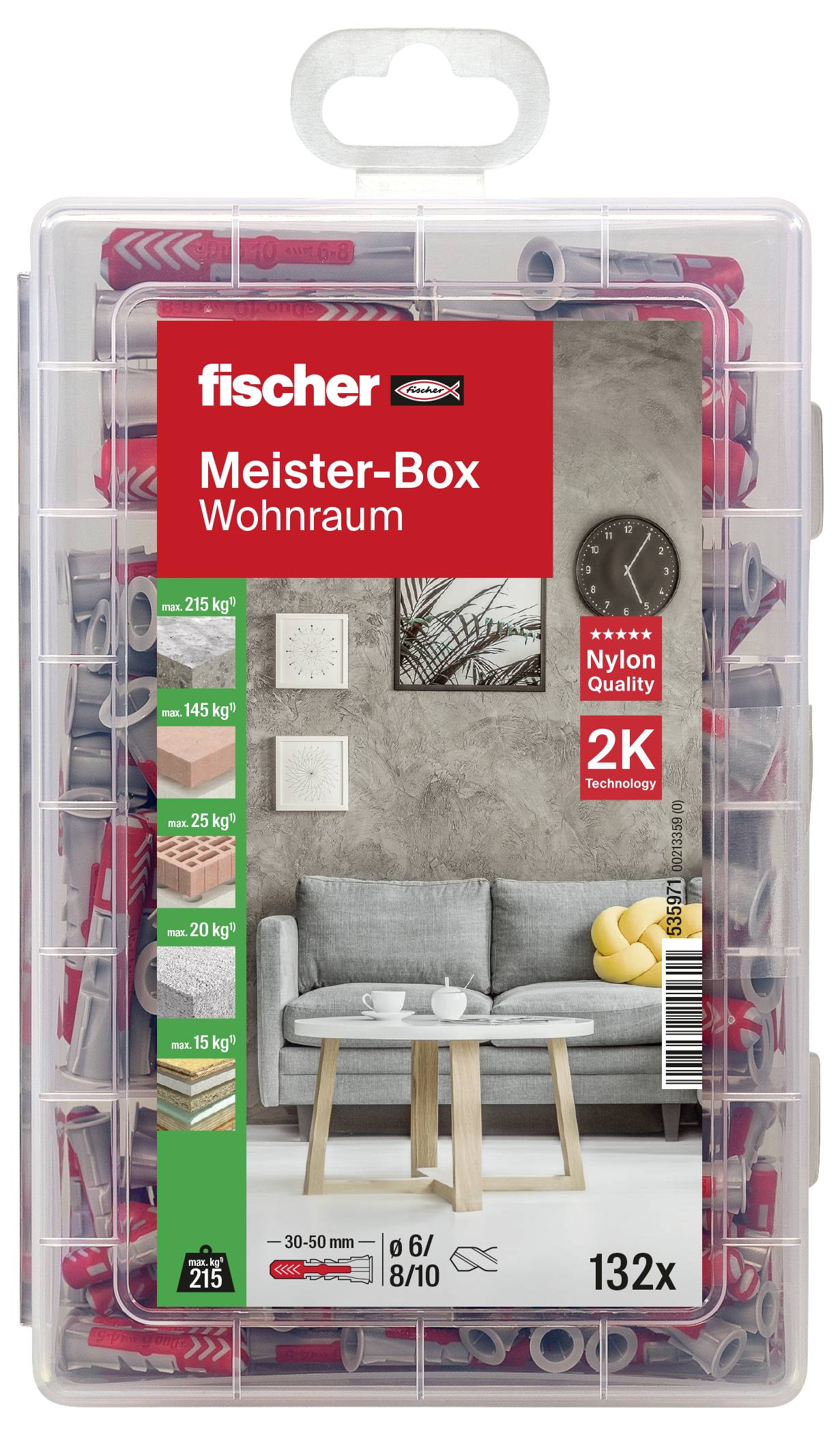 'Meister-Box Wohnraum' von Fischer, enthält diverse Dübel für unterschiedliche Lasten, geeignet für Verwendungen im Innenbereich.