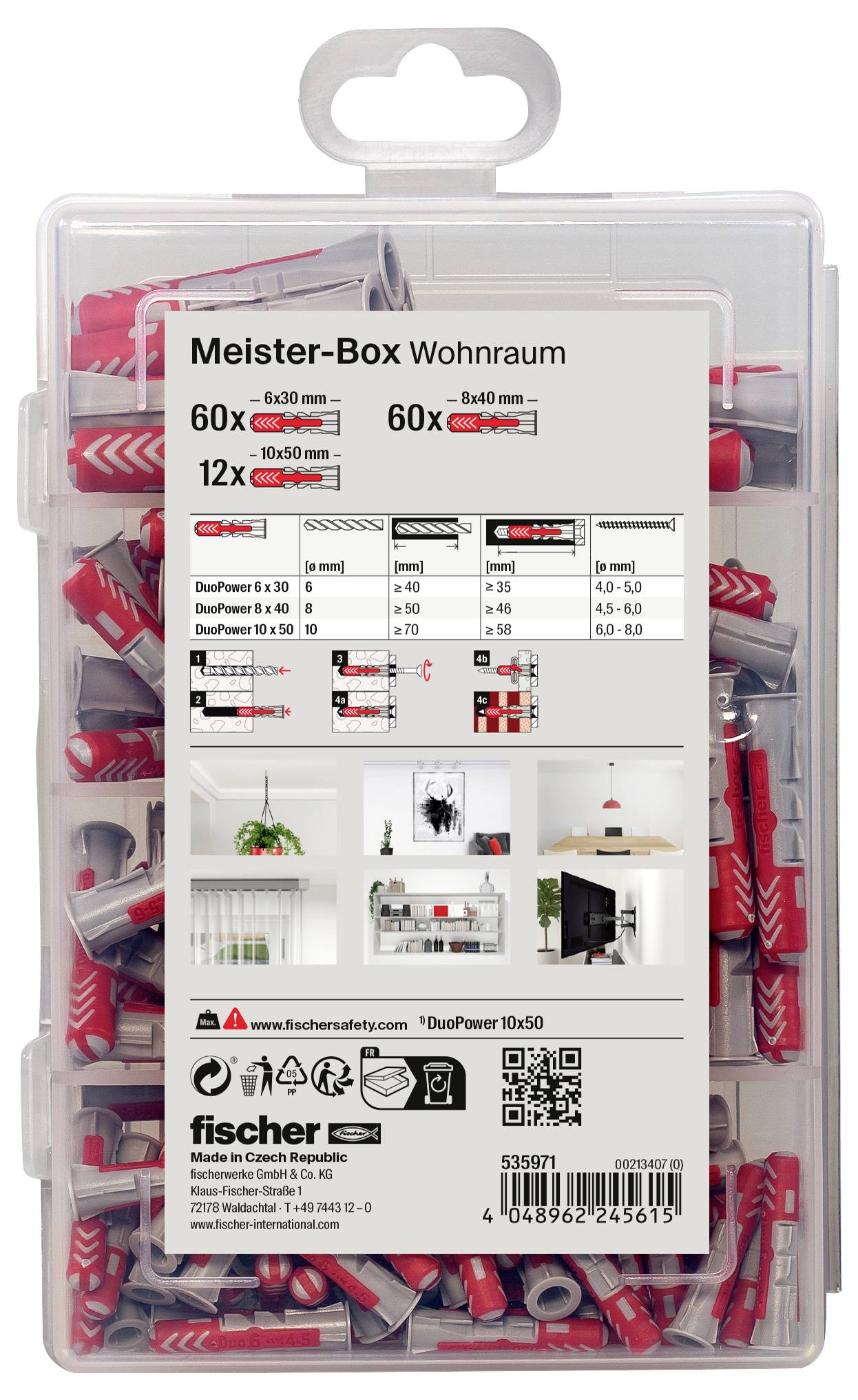 Kunststoffbox mit roten und grauen Dübeln, beschriftet als 'Meister-Box Wohnraum'. Enthält 60x6/30 Dübel, 60x8/50 Dübel, 12x10/50 Dübel.