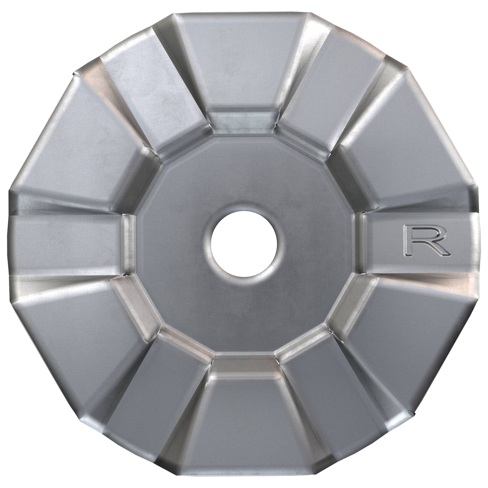 Silbernes metallisches zahnradähnliches Rad oder Rotor mit einem zentralen Loch und einer "R"-Markierung auf der rechten Seite.