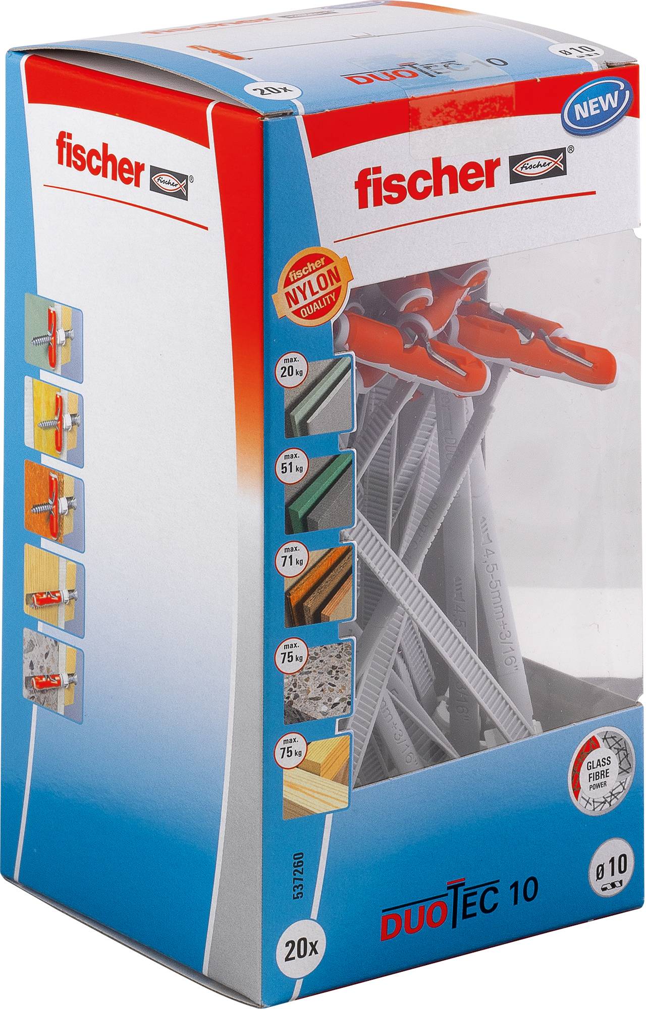 Schachtel mit Fischer DUOTEC 10 Wanddübeln, mit Nylonkomponenten, verschiedenen Oberflächenkompatibilitätssymbolen und "NEU"-Etikett auf der Verpackung.