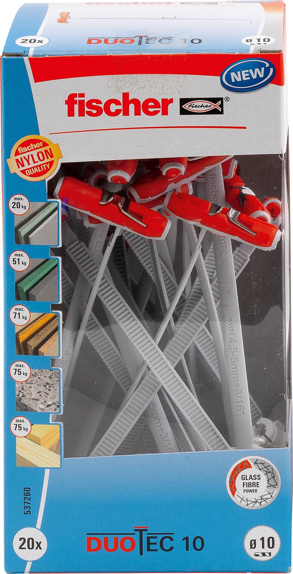 'Packung Fischer Duotec 10 Dübel, 20 Stück, geeignet für verschiedene Materialien wie Mauerwerk, Holz und Gipskarton; hochwertige Nylon-Ausführung.'