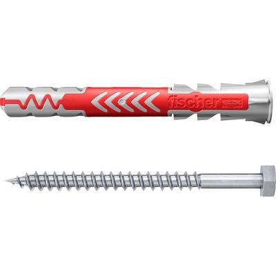 Ein roter und silberner Wandstecker über einer Metallschraube mit sechskantigem Kopf, die zum Befestigen von Objekten an Wänden verwendet wird.