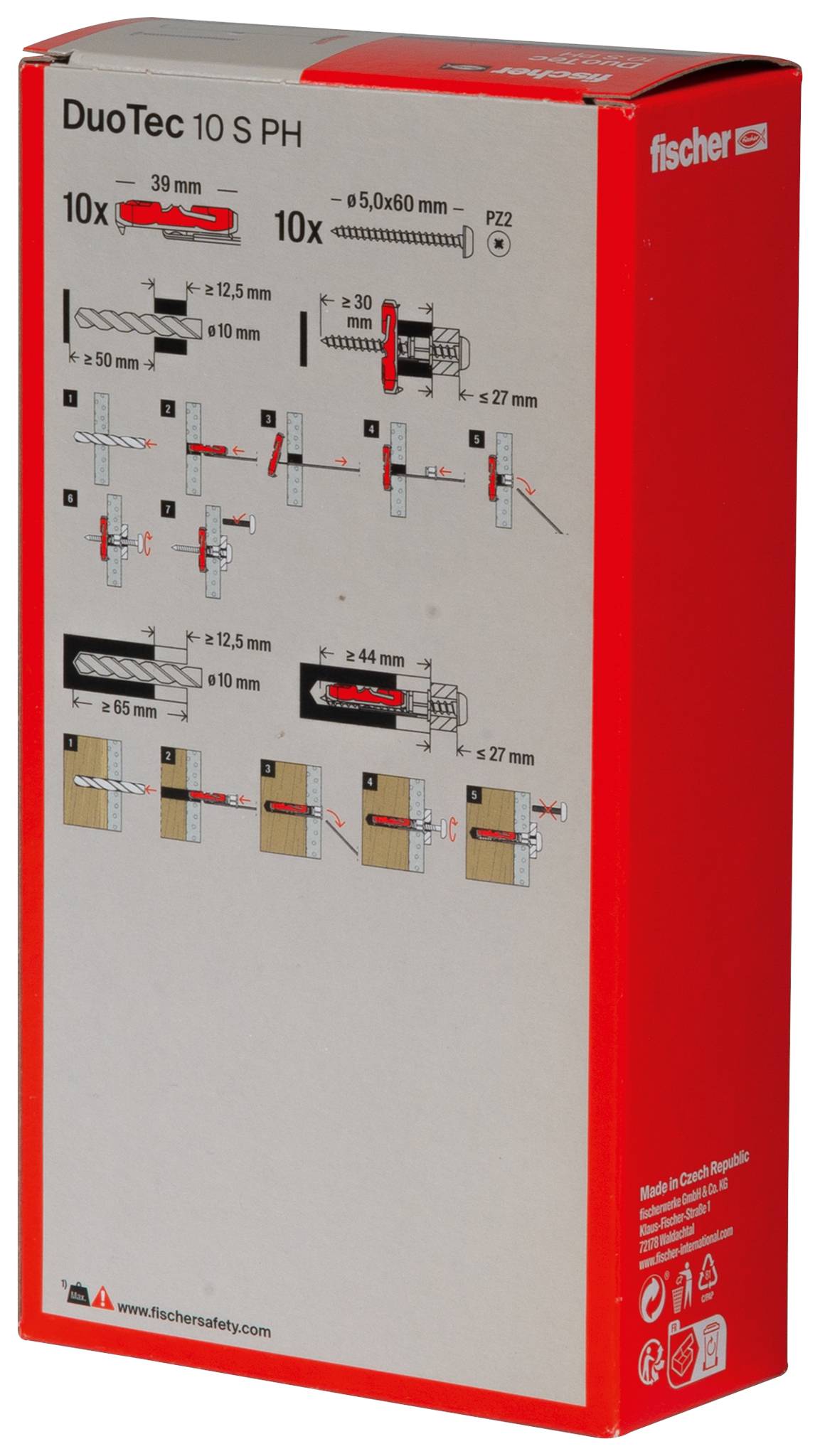 Vorderseite einer Fischer DuoTec 10 S PH Wanddübel-Box mit Installationsdiagrammen und Produktgrößendetails auf einer rot-grauen Verpackung.