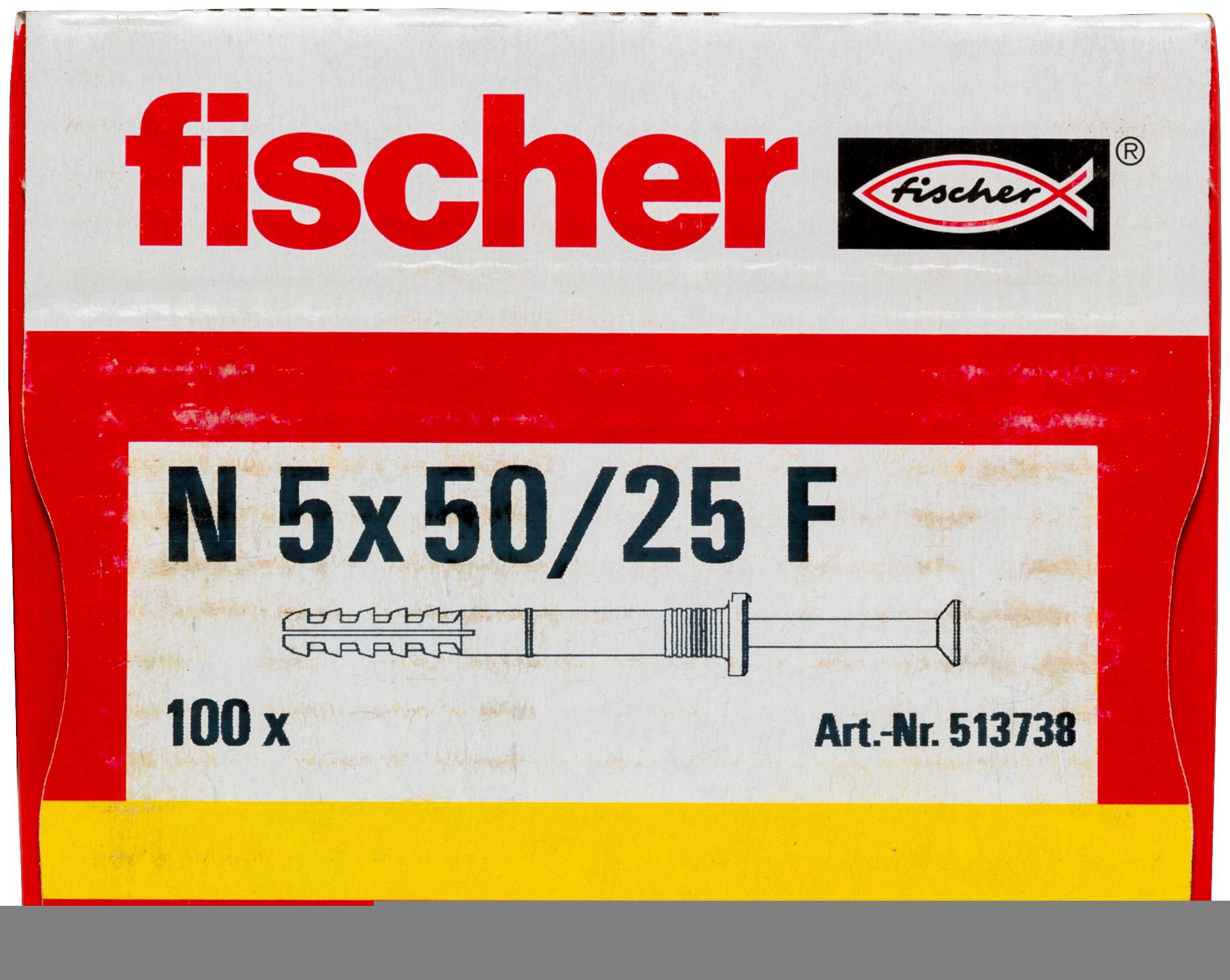 Packung mit Fischer N 5x50/25 F Dübeln, beschriftet mit „100 x" und „Art.-Nr. 513738", mit Produktdiagramm auf der Vorderseite.