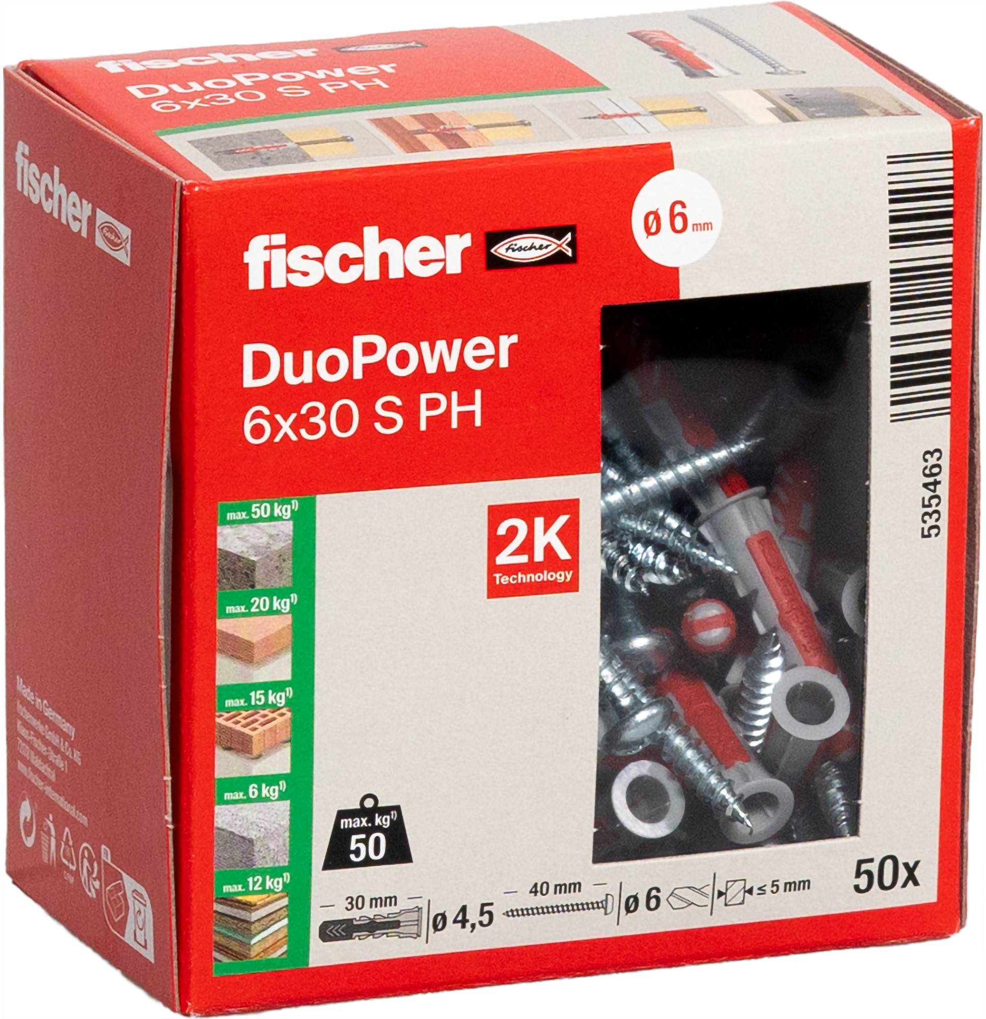 Eine Schachtel Fischer DuoPower 6x30 S PH Schrauben mit 50 Stück und 2K-Technologie, geeignet für unterschiedliche Gewichte und Abmessungen.