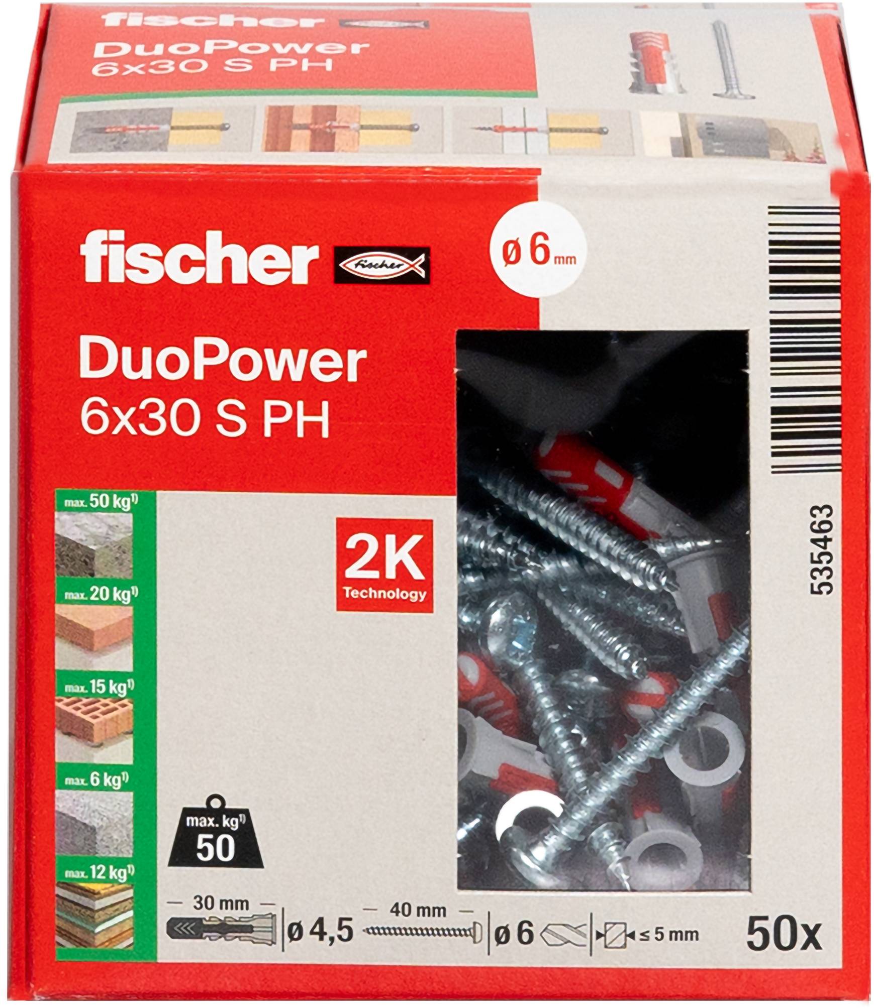„Fischer DuoPower 6x30 S PH" Schachteln mit Schrauben und Dübeln, geeignet für verschiedene Materialien. Enthält Angaben zur Tragfähigkeit und Größe.