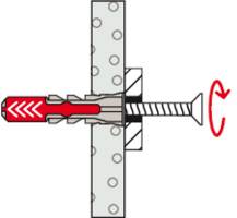 Diagramm, das zeigt, wie ein Wanddübel mit Hilfe einer rotierenden Schraube in eine Wand eingeführt und expandiert wird, um den Befestigungsprozess zu verdeutlichen.