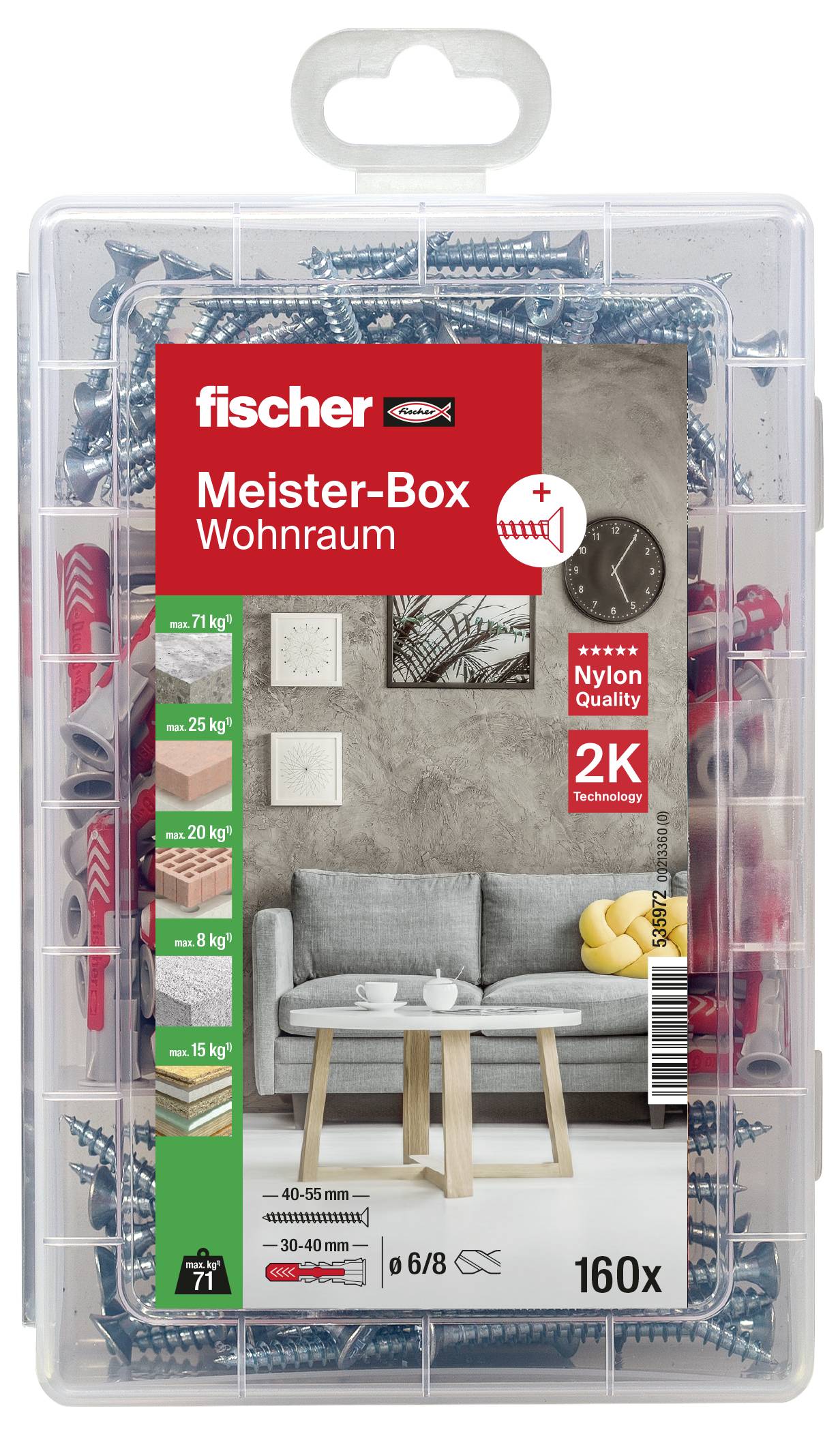 Die Verpackung zeigt eine 'Meister-Box Wohnraum' mit Dübeln und Schrauben für Lasten von 8-71 kg. Enthält 160 Teile für den Innenbereich.