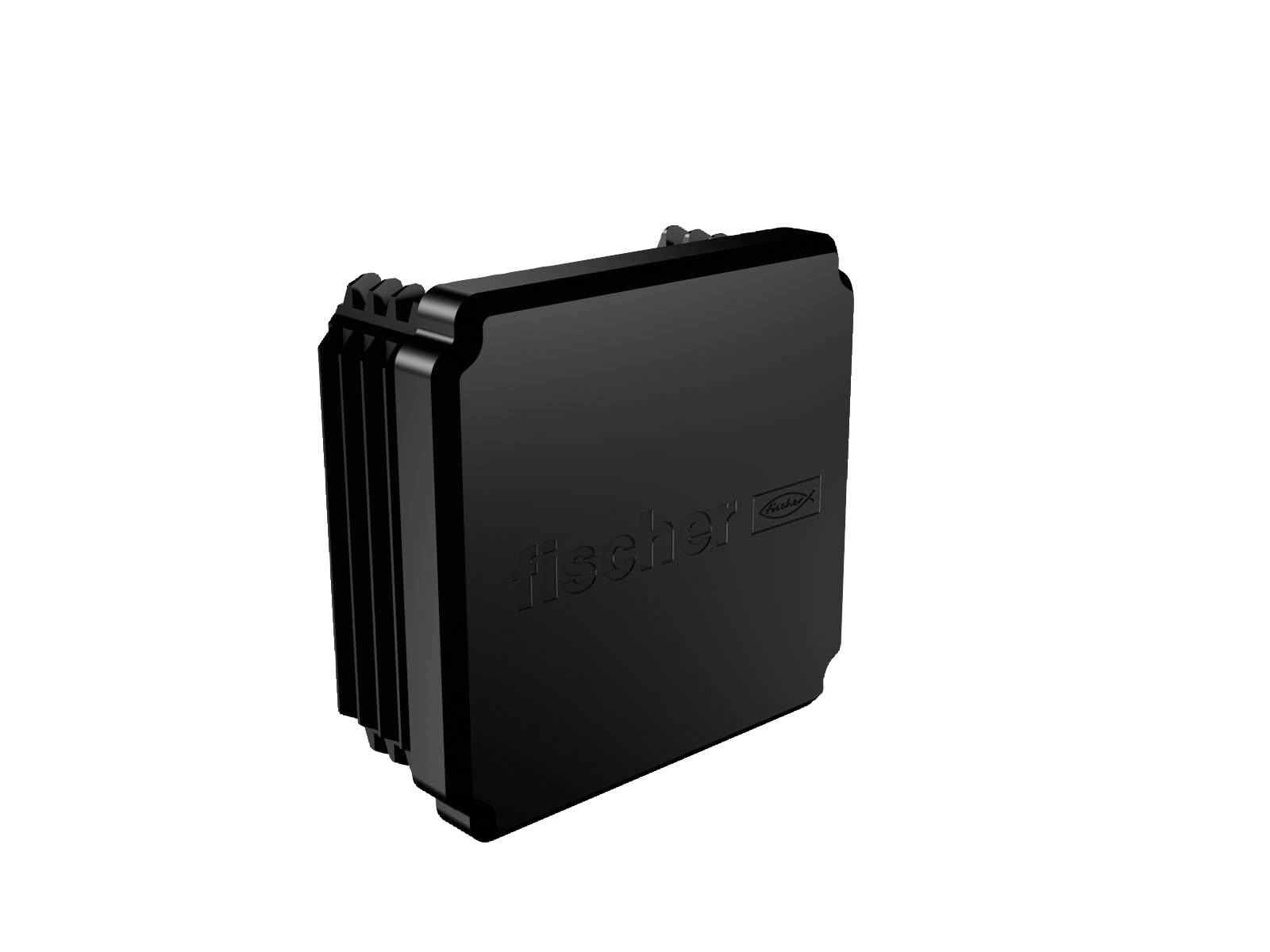 Schwarzes rechteckiges industrielles elektronisches Bauteil oder Anschlusskasten mit gerippten Seiten, gezeigt auf weißem Hintergrund.