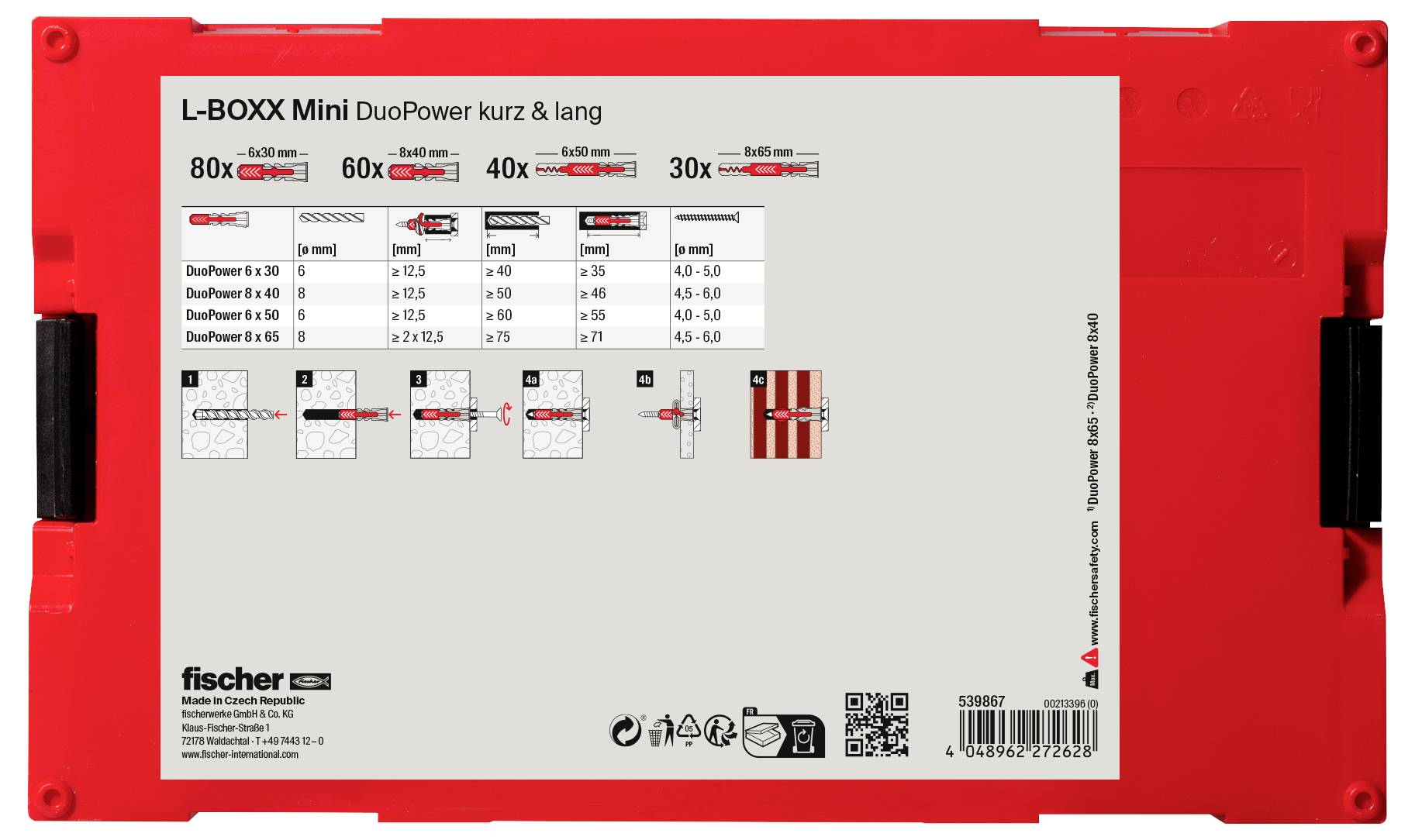 Roter Werkzeugkoffer, Aufschrift 'L-BOXX Mini DuoPower kurz & lang', enthält verschiedene Dübelgrößen für unterschiedliche Schraubengrößen.