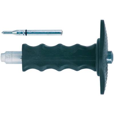 Schwarze Handgriffbefestigung mit einem Metallschaft und einer Befestigungsplatte, dargestellt mit einer separaten kleinen Metallstift oben.