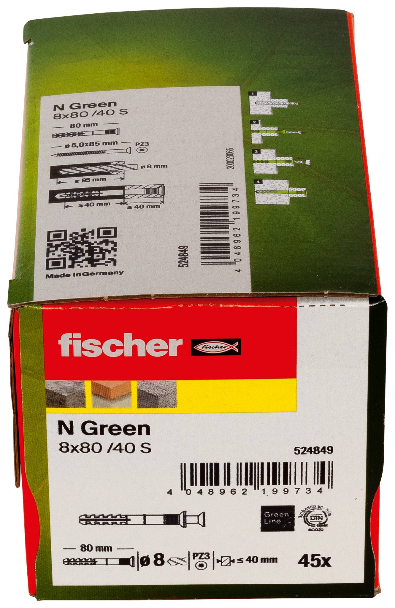Foto einer Fischer N Green 8x80/40 S Schachtel für Wanddübel, die Produktverpackung mit der Kennzeichnung 45x mit technischen Spezifikationen und Barcode zeigt.