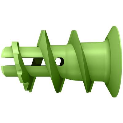Grüne Kunststoffwendel-Schraube mit Spiralrippen und ausgestelltem Ende, in Seitenansicht auf weißem Hintergrund dargestellt.