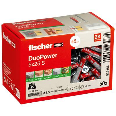 Karton mit Fischer DuoPower 5x25 S Wanddübeln, zeigt ein Fenster mit rot-grauen Dübeln und ist mit '50x' und '2K Technology' gekennzeichnet.