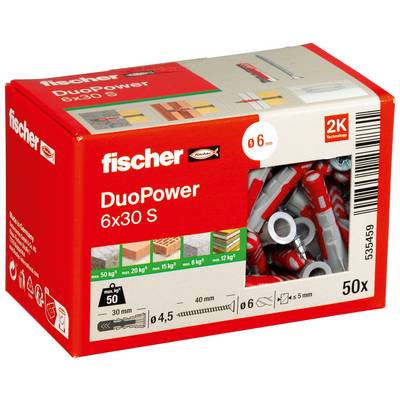 Rot-weißer Fischer DuoPower 6x30 S Dübel Box mit 50 Dübeln und 2K-Technologie.