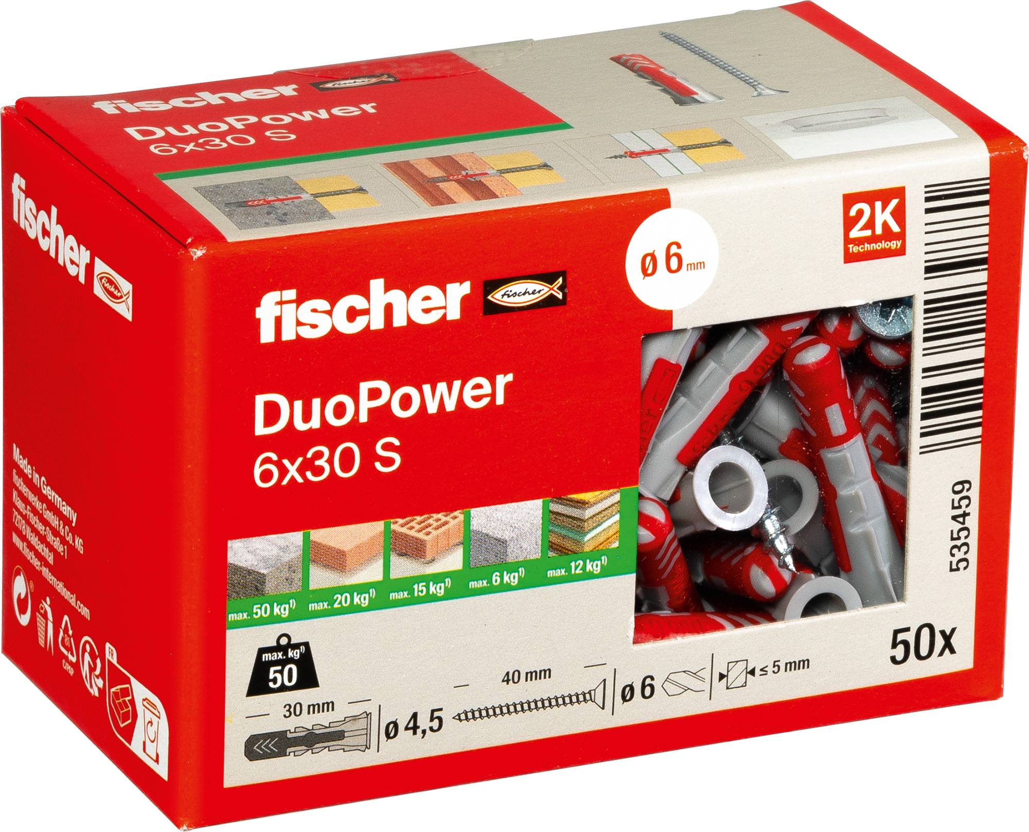 Ein Karton mit der Bezeichnung „fischer DuoPower 6x30 S" mit 50 Wanddübeln. Die Verpackung zeigt Gebrauchsanweisungen und Tragfähigkeiten für verschiedene Materialien.