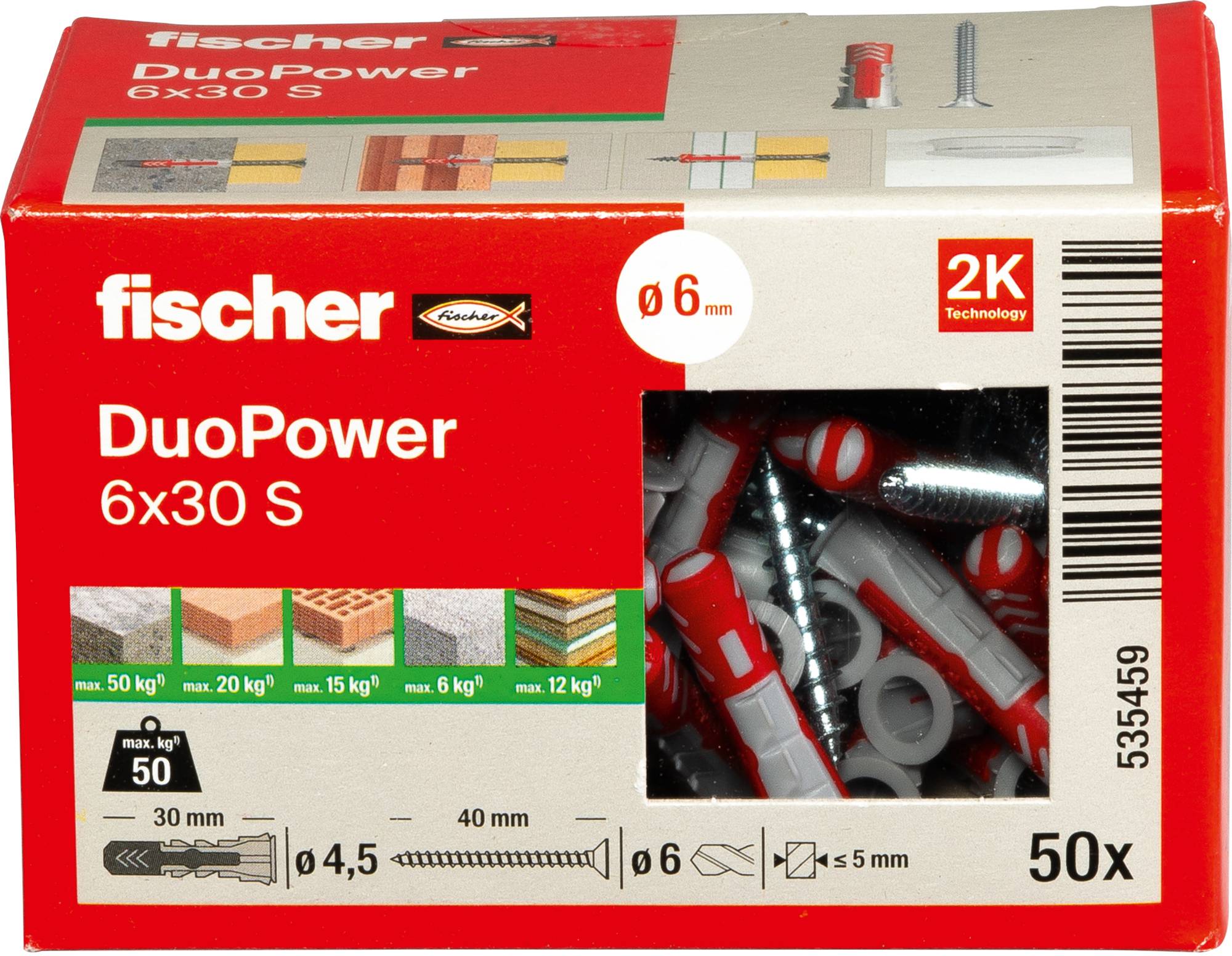 'Fischer DuoPower 6x30mm Dübel, Packung mit 50 Stück. Geeignet zur Verwendung in Beton, Ziegelstein, Stein und ähnlichen Materialien.'