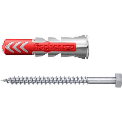 „Fischer Befestigungsdübel und Schraube." Das Bild zeigt einen roten und grauen Kunststoffdübel sowie eine metallische Schraube, beide für Bauzwecke.
