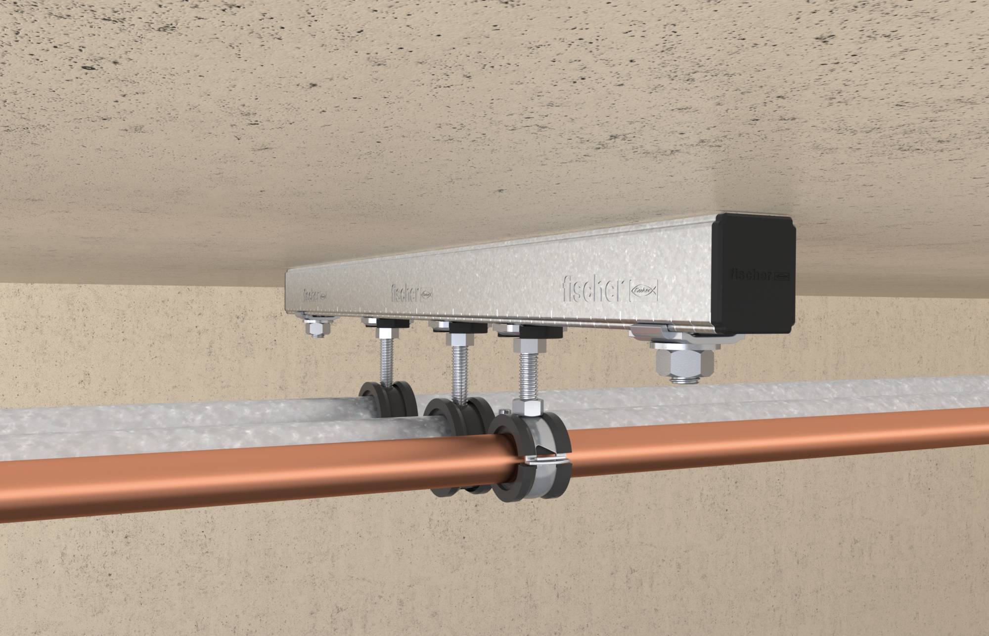 Deckengestützte Kabelrinne stützt ein Kupferrohr mit Schellen in einem Technikraum.