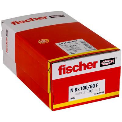 Produktkarton von Red Fischer mit der Bezeichnung „N 8x100/60 F" und „100x", gezeigt in einer weiß-roten Verpackung mit dem Fischer-Logo.