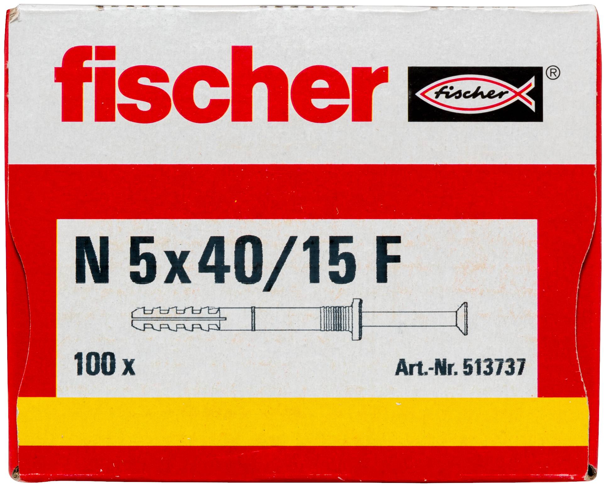 Schachteln Fischer N 5x40/15 F Dübel, 100er-Pack, mit Produktdiagramm und Artikelnummer 513737 auf der Vorderseite.