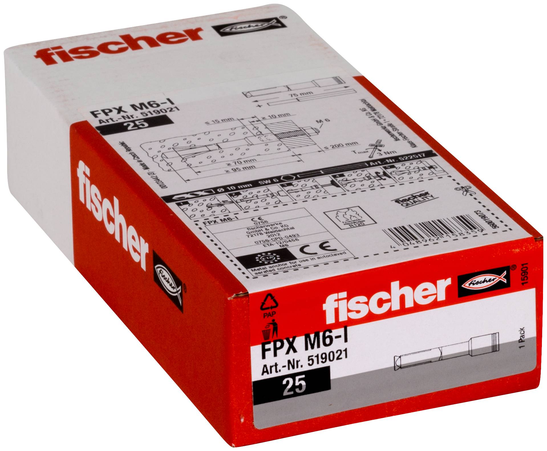 Rot-weiße Fischer FPX M6-25 Hardware-Ankerbox mit Produktdiagramm und Barcode auf der Oberseite.