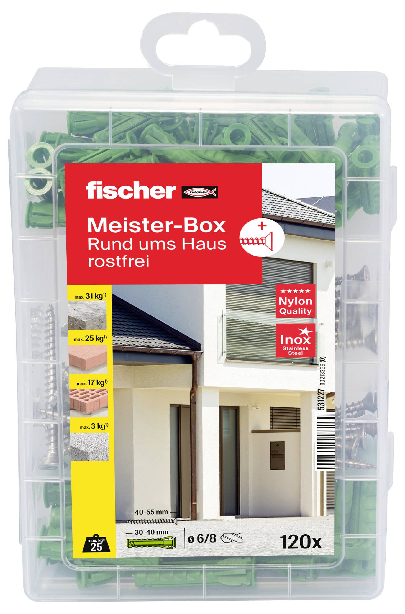 Grüner Kunststoffkasten mit Dübeln und Schrauben der Marke 'fischer', geeignet für Heimwerkerarbeiten rund ums Haus, rostfrei.