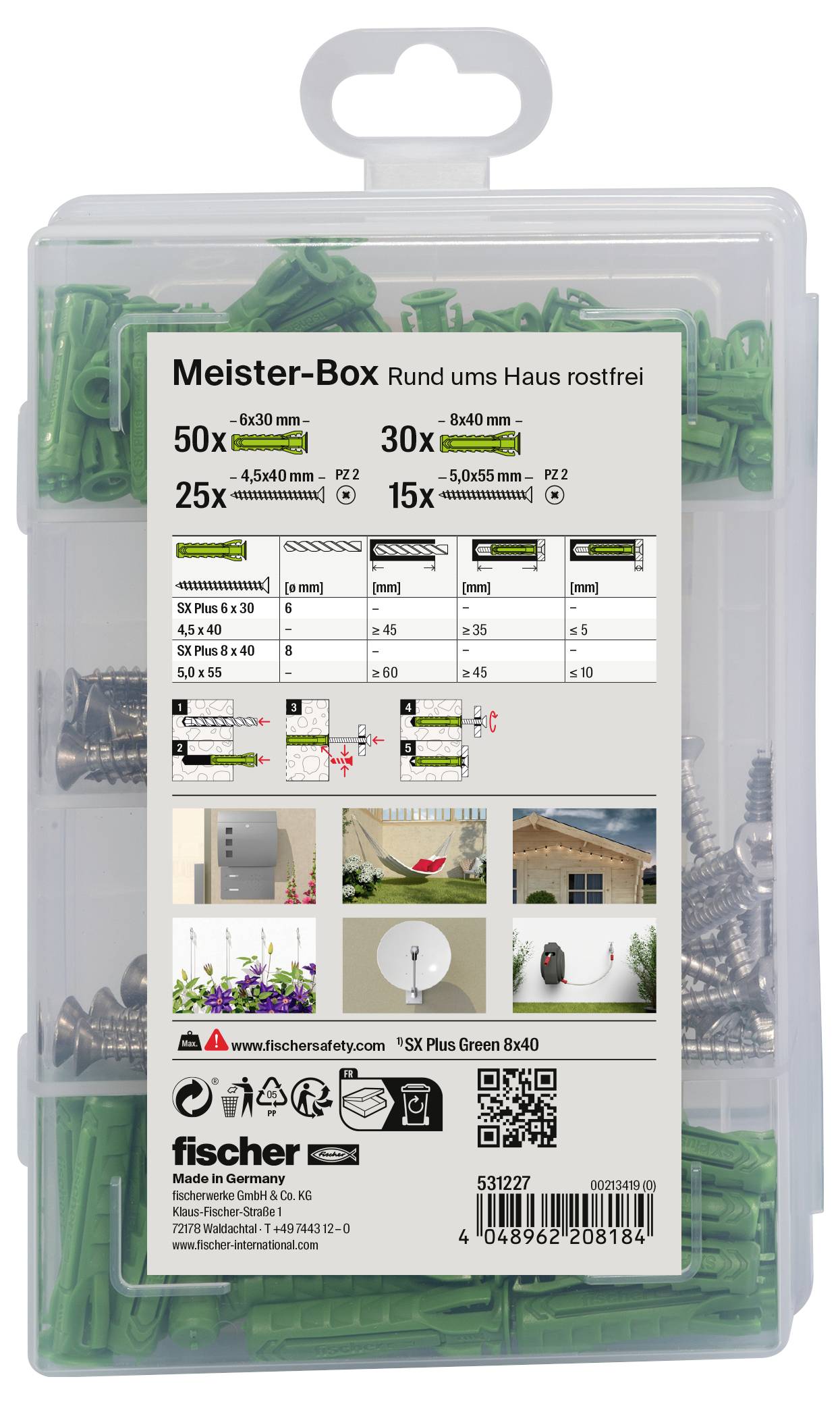 Meister-Box mit 50 Dübeln und 70 Schrauben für Hausgebrauch, enthält Montageanleitung, Bilder zur Anwendung und relevante Sicherheits-Icons.