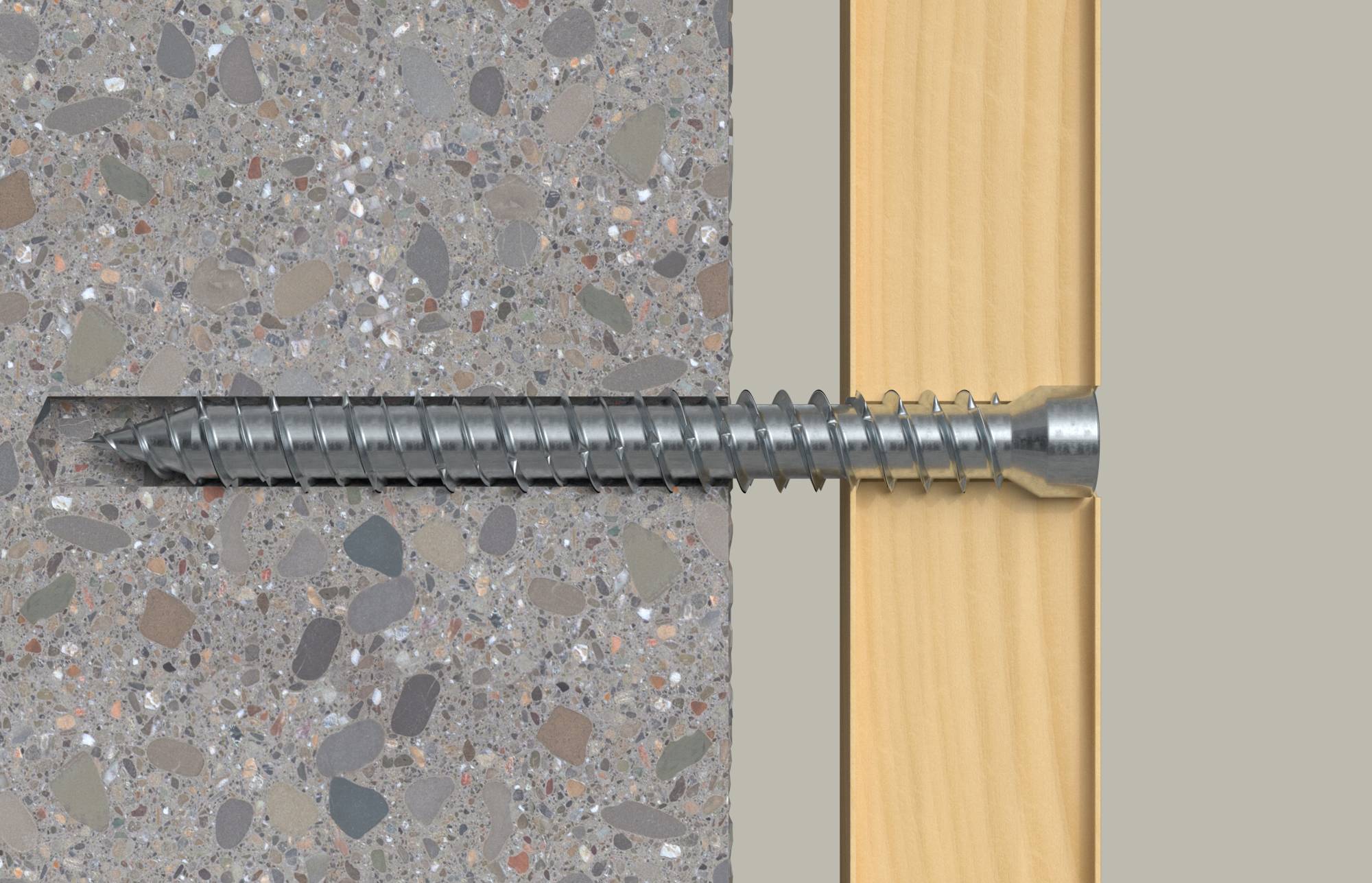Schraubenverankerung einer Holzplatte an einer Betonwand, zeigt eine in Mauerwerk und Holz eingebettete Befestigung.